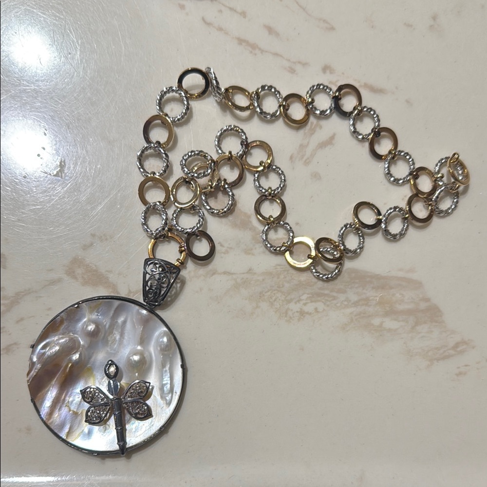 Gold and Silver Toned Artistic Abalone Shell Pendant Necklace with Dragonfly